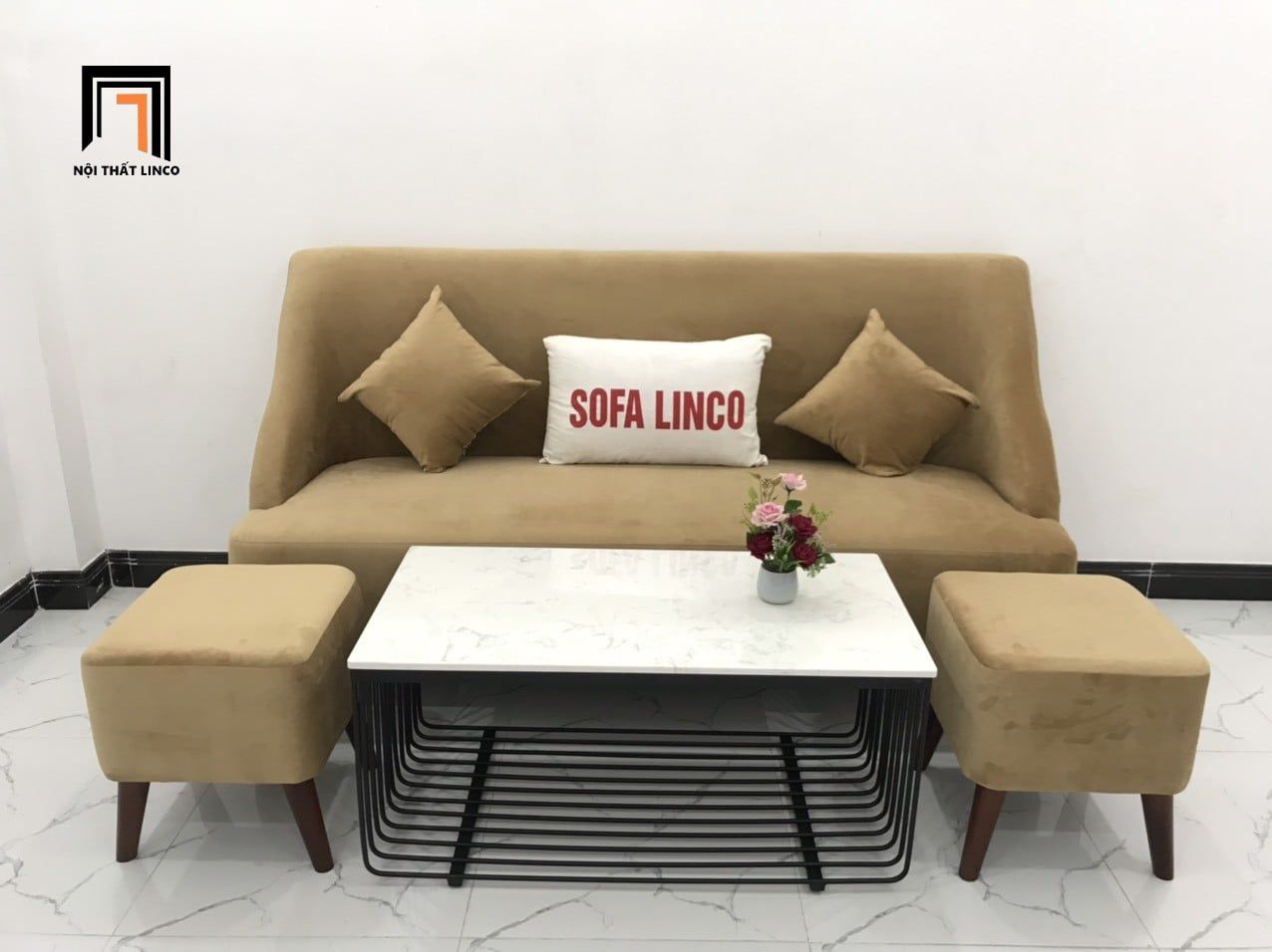  Bộ ghế sofa băng dài vải nhung BL3 Hilo màu be kem đẹp 