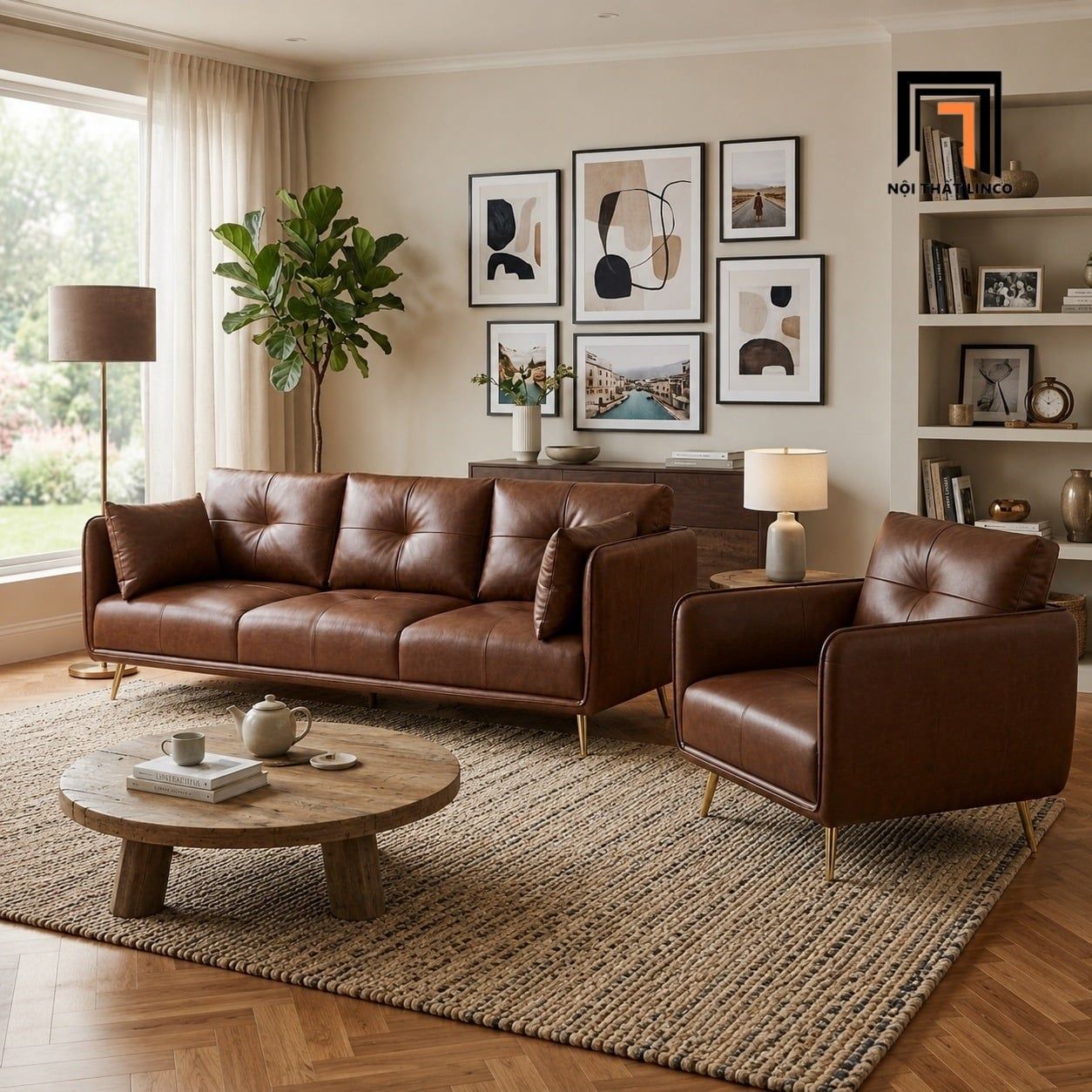  Sofa da PU KT176 Foia màu nâu bóng nổi bật cho phòng khách 