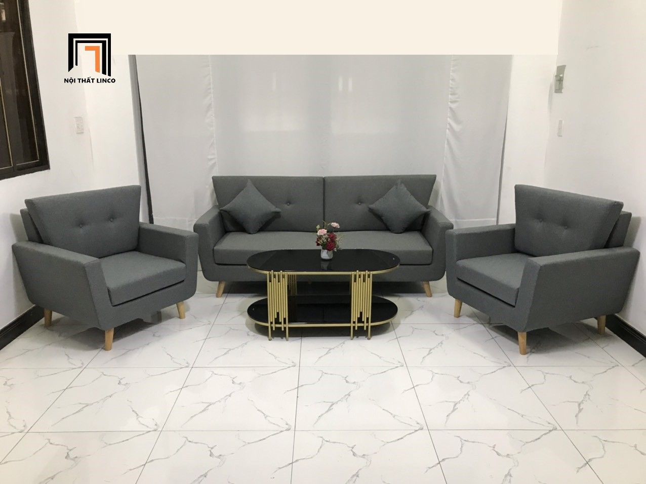  Bộ ghế sofa xám lông chuột KL5 Piloc cho văn phòng làm việc 