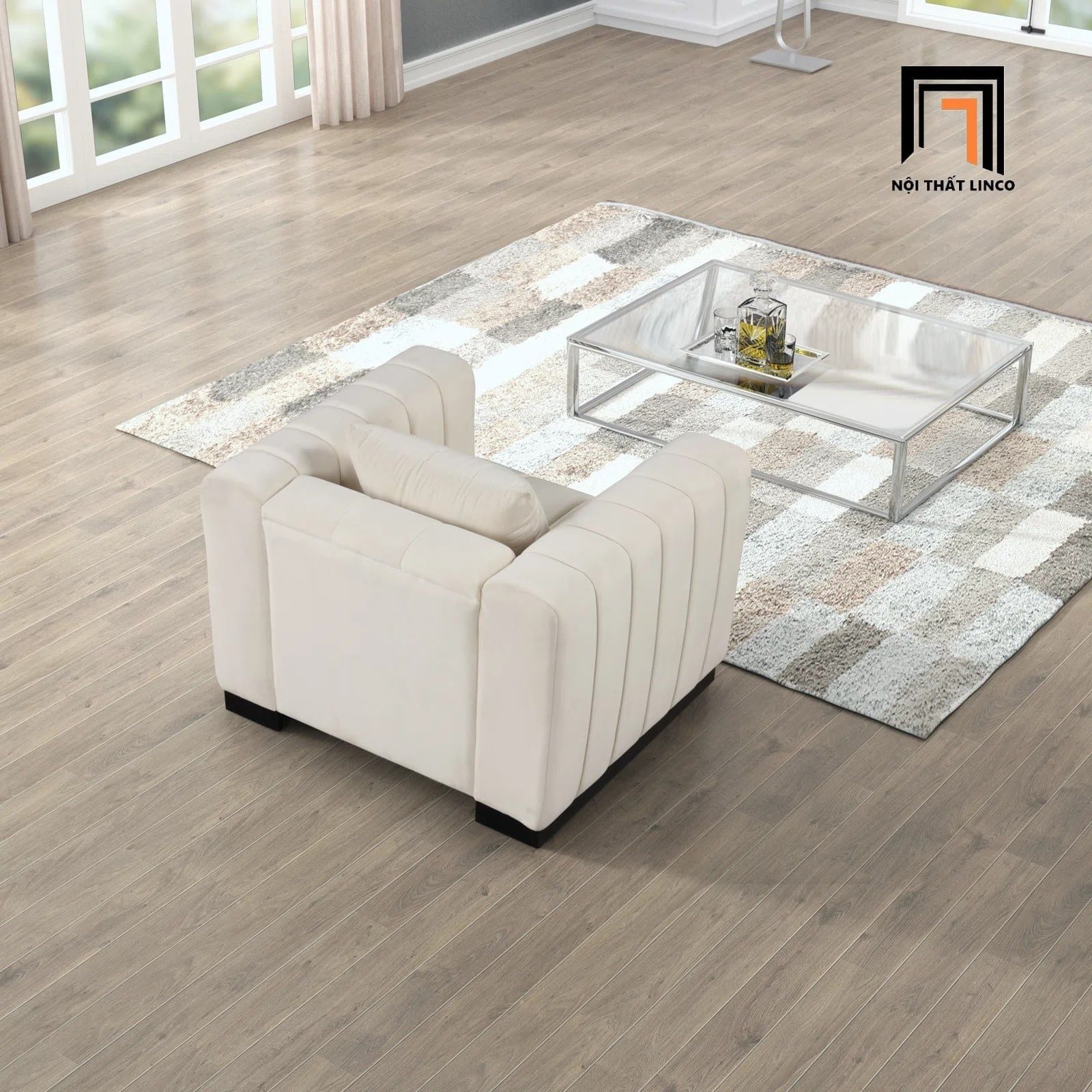  Ghế sofa đơn vải nỉ DT47 Peggy màu trắng kem cho phòng khách 