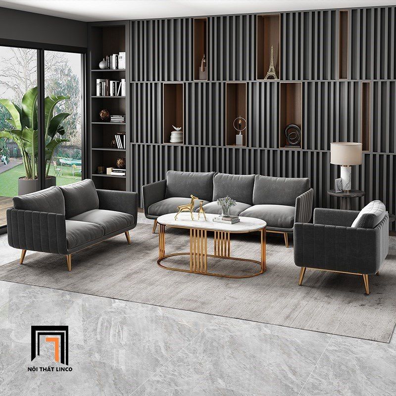  Bộ ghế sofa phòng khách cao cấp KT111 Genlis vải nhung xám 