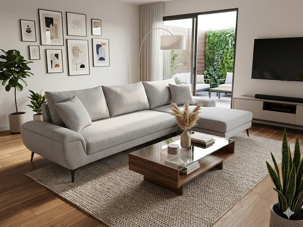  Bộ ghế sofa góc L xám trắng GT278 Creamy 2m5 x 1m6 chung cư 