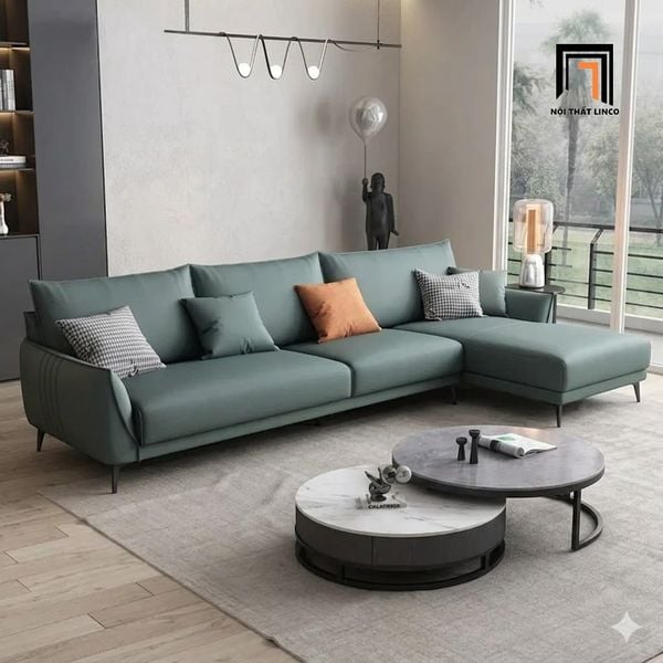 sofa góc da xanh lá