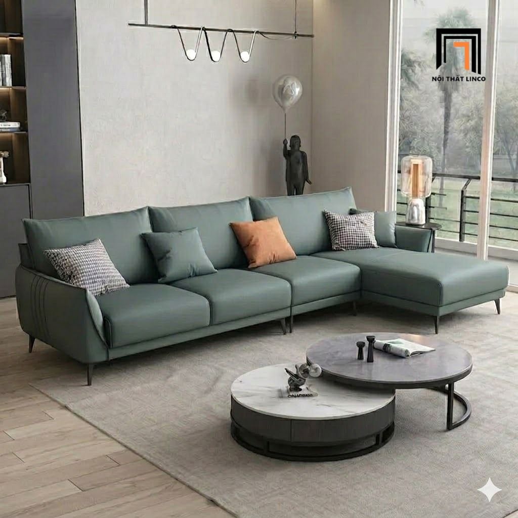  Sofa U xanh lá UT82 Noha dài 3m4 bọc da phong cách hiện đại 