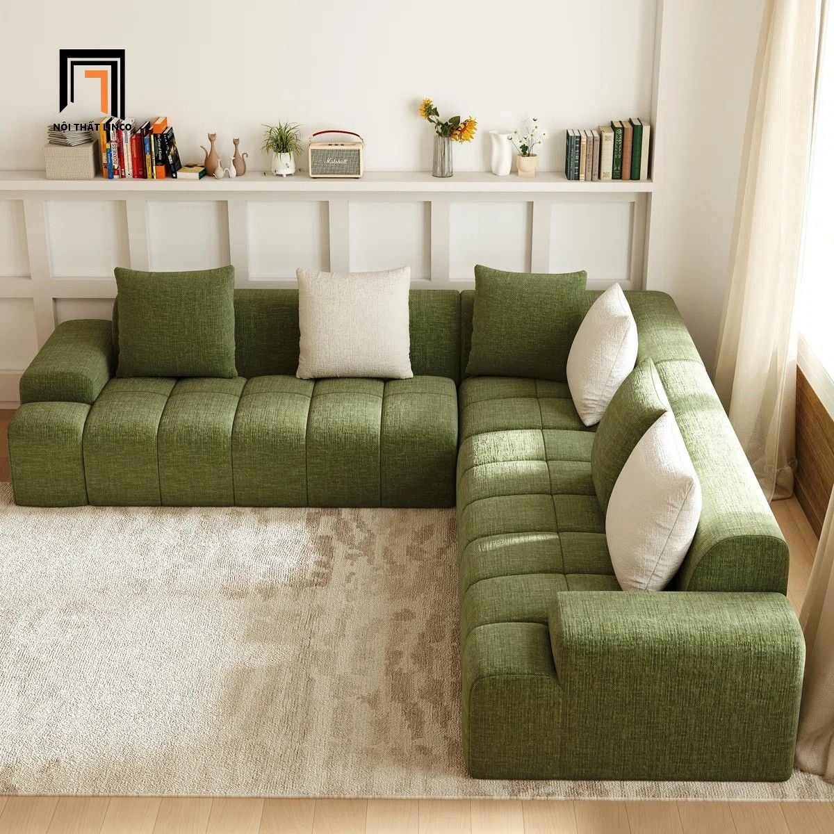  Bộ sofa góc giá rẻ 2m3 x 2m3 GT290 Bram màu xanh lá vải bố 