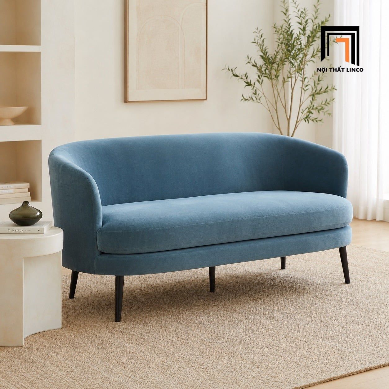  Bộ ghế sofa KT155 Viv nhung xanh dương kiểu dáng cong đẹp 