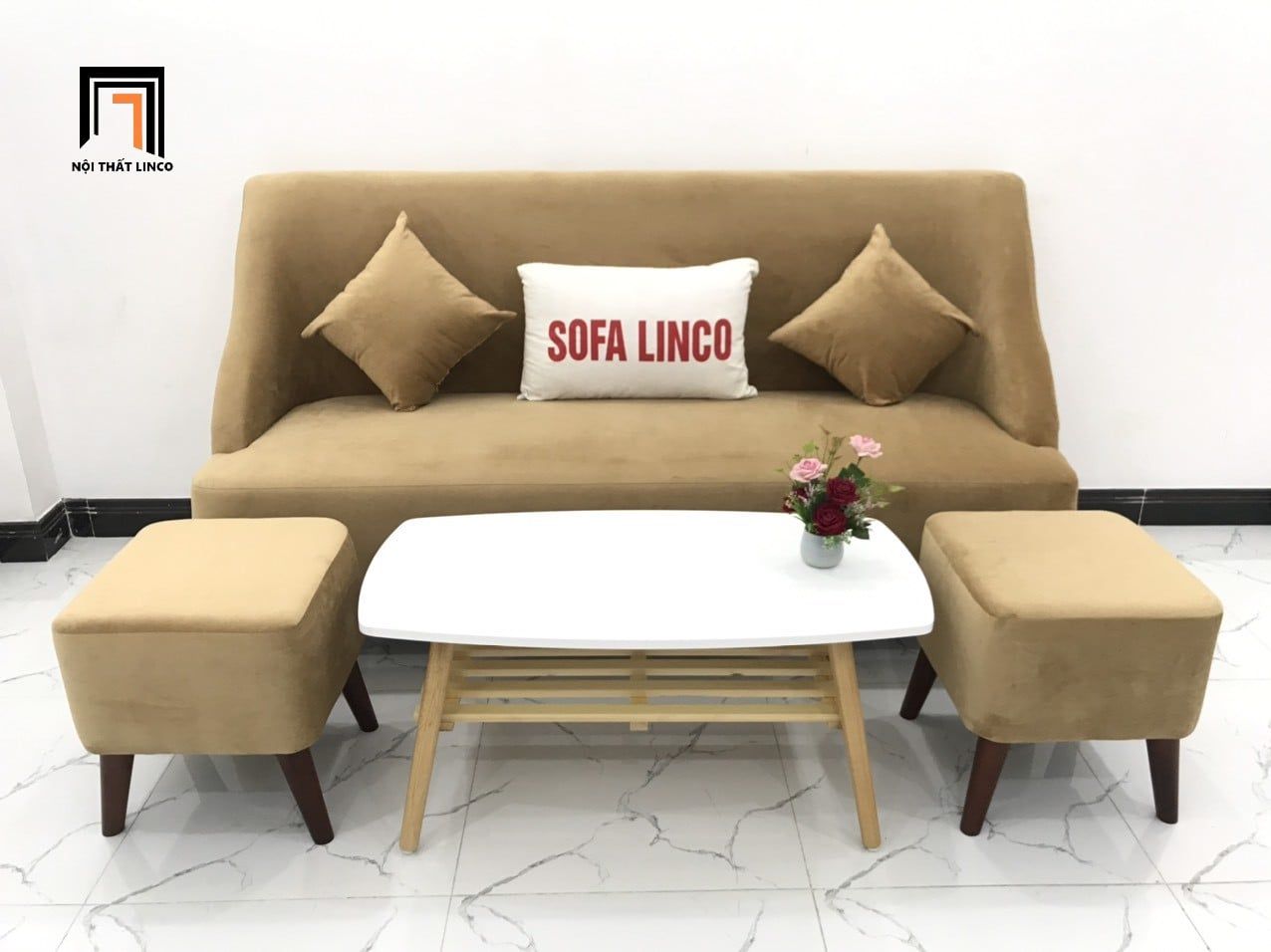  Bộ ghế sofa băng dài vải nhung BL3 Hilo màu be kem đẹp 