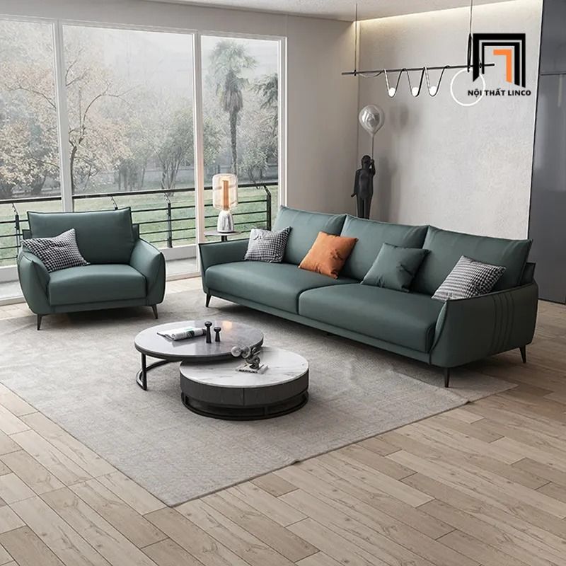  Sofa U xanh lá UT82 Noha dài 3m4 bọc da phong cách hiện đại 