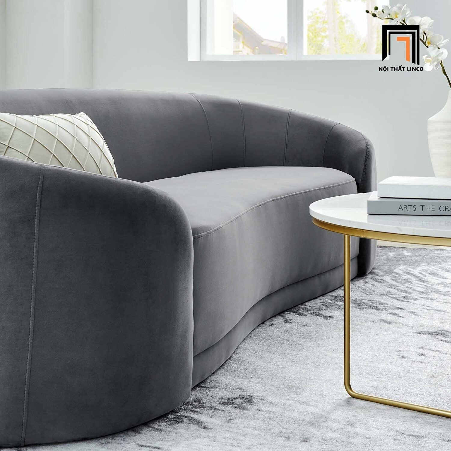  Ghế sofa băng cong vải nhung BT55 Chesterfield 2m2 xám đen 