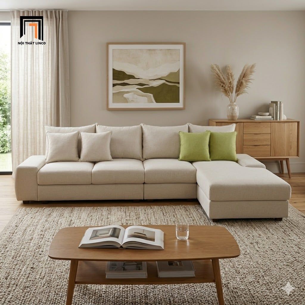  Bộ ghế sofa góc L vải nỉ trắng kem GT276 Farson 3m x 1m6 giá rẻ 