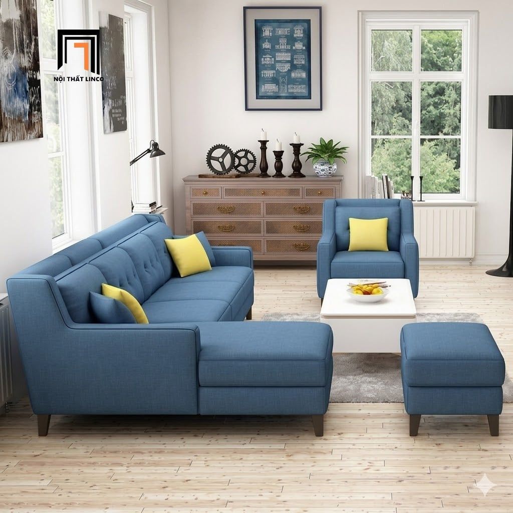  Bộ ghế sofa góc xanh dương GT286 Firmini 3m x 1m6 giá rẻ 