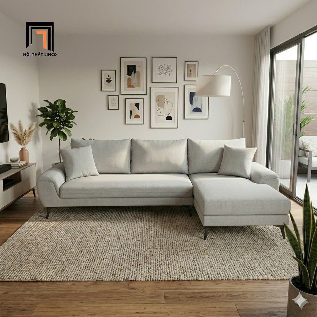  Bộ ghế sofa góc L xám trắng GT278 Creamy 2m5 x 1m6 chung cư 
