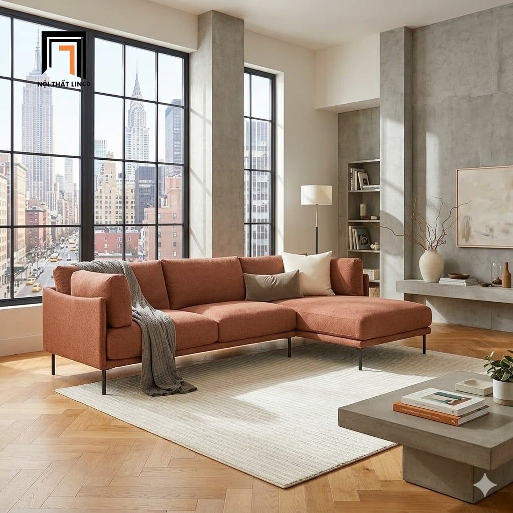  Set ghế sofa góc L vải nỉ GT285 Martel 2m2 x 1m6 màu cam đẹp 