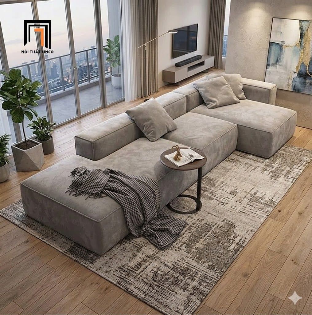  Bộ ghế sofa L vải nhung xám GT277 Lyth 3m1 x 1m4 hiện đại 