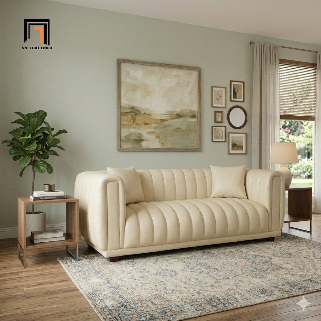  Sofa băng sang trọng BHQ96 Selby dài 2m da màu trắng kem 