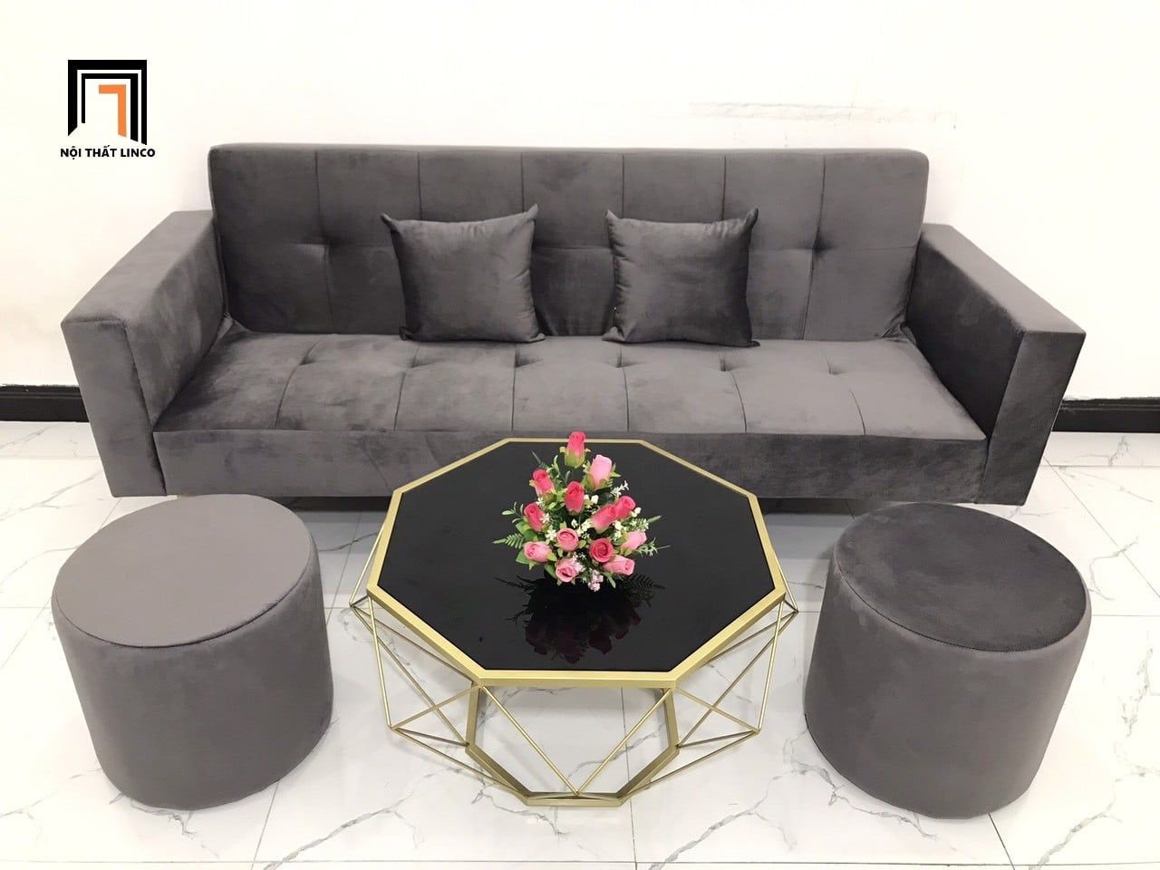  Bộ ghế sofa giường đa năng 2m GBL2 xám đen vải nhung giá rẻ 