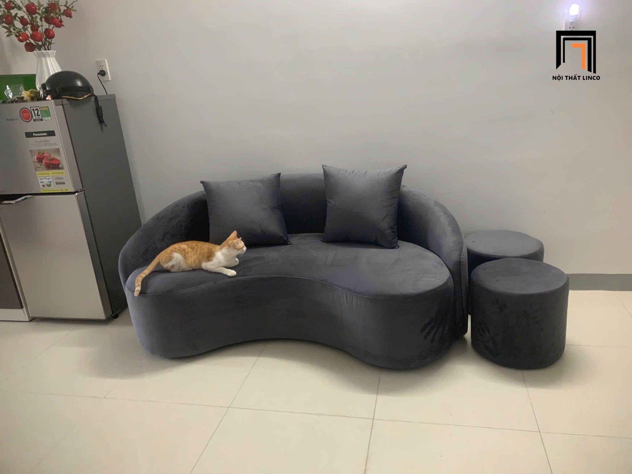  Sofa văng cong dài 1m8 BT226 Gloria 1m8 vải nhung xám đen 