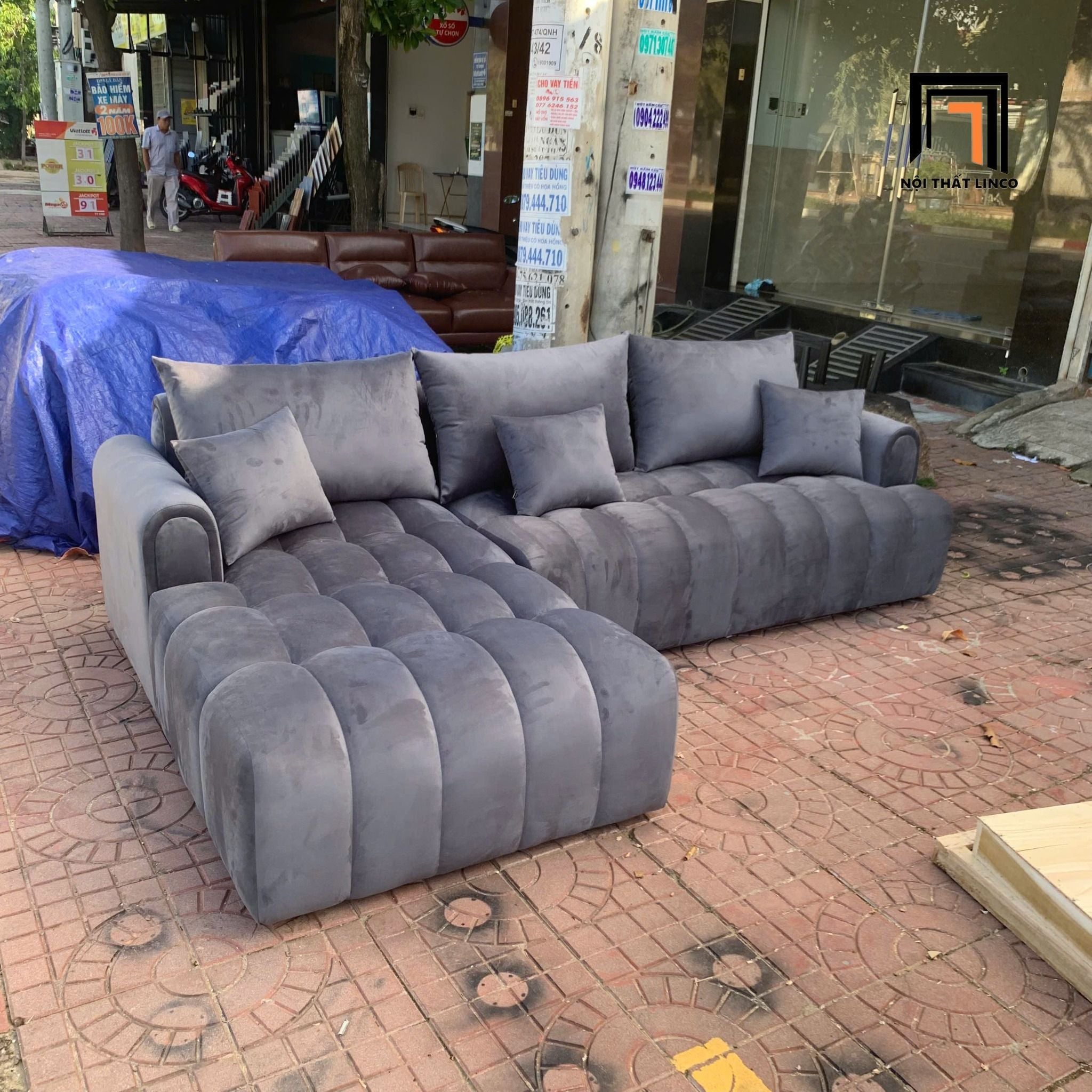  Bộ ghế sofa góc vải nhung 2m5 x 1m6 GT70 Muranso xám đen 