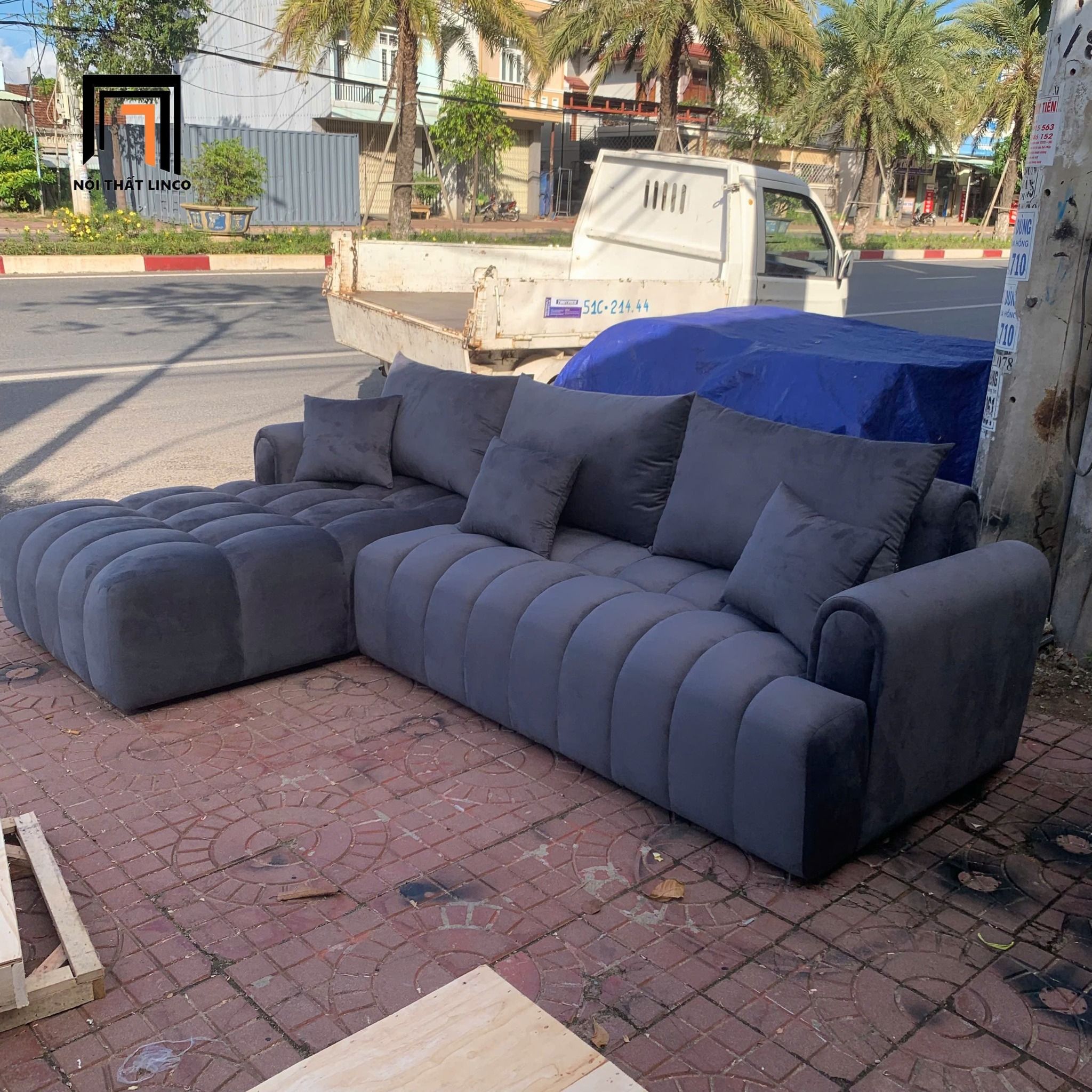  Bộ ghế sofa góc vải nhung 2m5 x 1m6 GT70 Muranso xám đen 