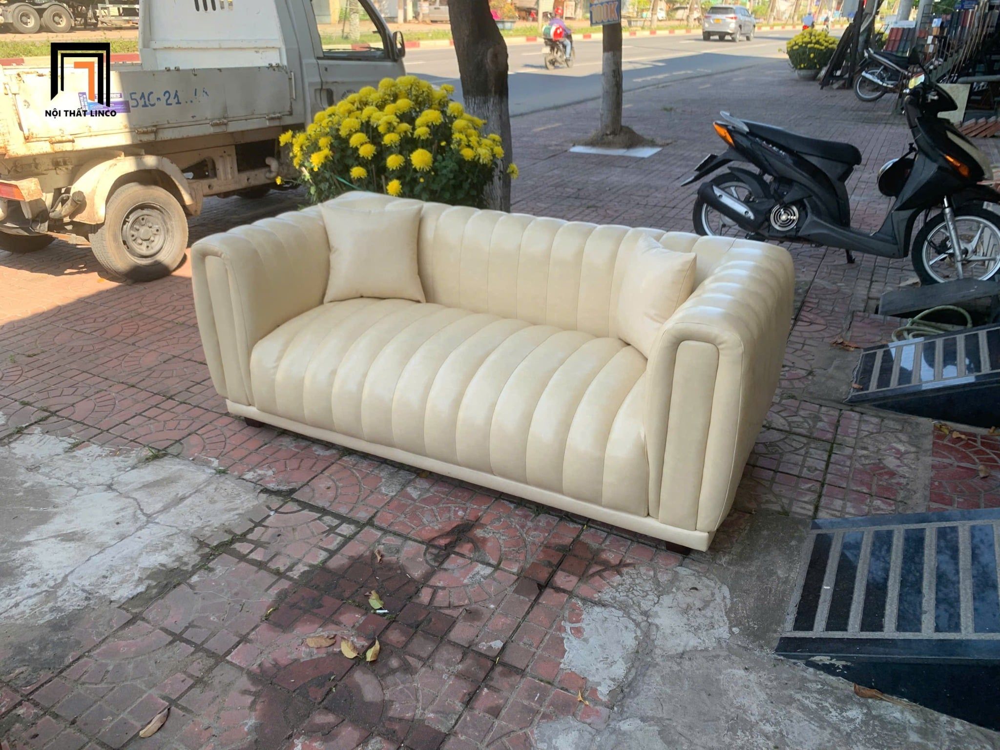  Sofa băng sang trọng BHQ96 Selby dài 2m da màu trắng kem 