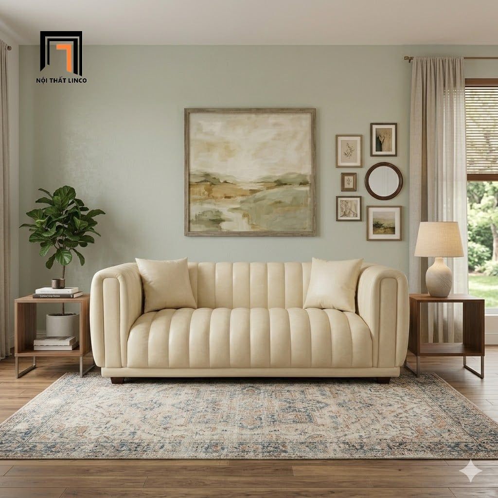  Sofa băng sang trọng BHQ96 Selby dài 2m da màu trắng kem 
