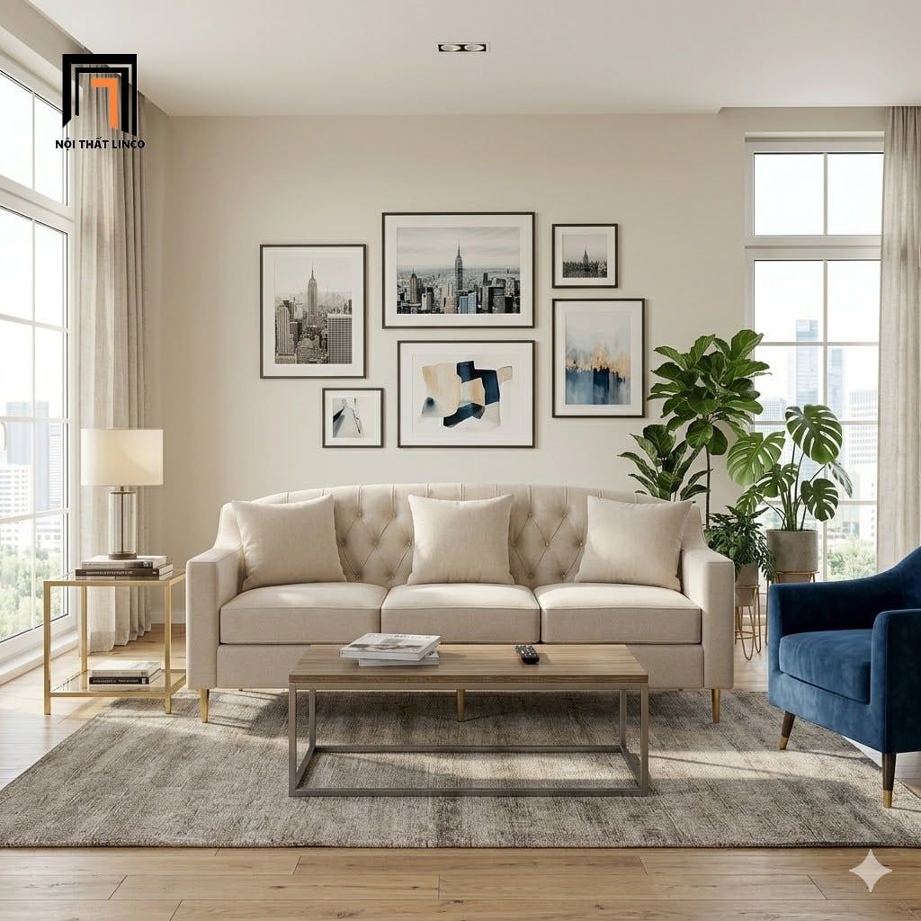  Ghế sofa băng giật nút 2m1 BHQ93 Parmer vải nỉ màu trắng kem 