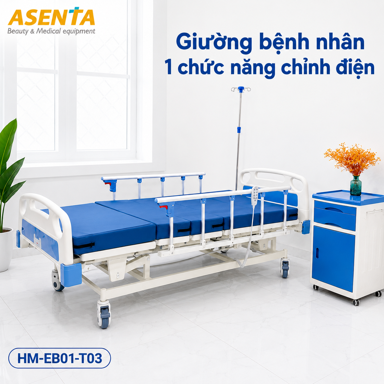 Giường bệnh nhân 1 chức năng chỉnh điện HM-EB01-T03 chính hãng | Made in Viet Nam