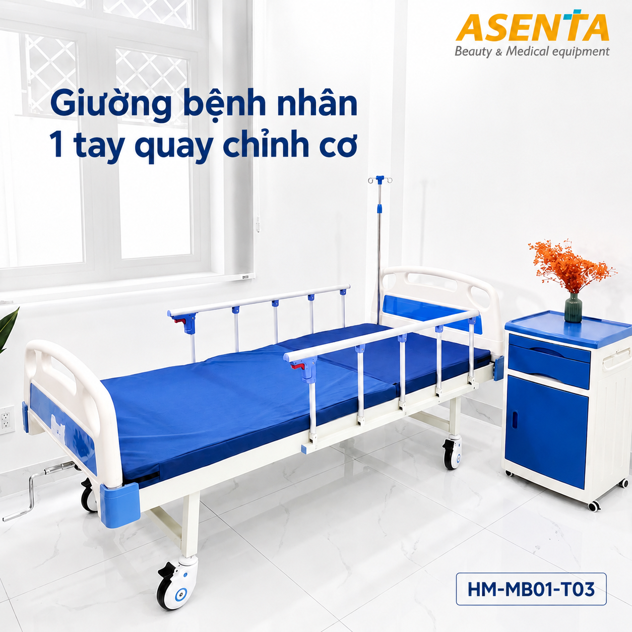 Giường bệnh nhân 1 tay quay chỉnh cơ HM-MB01-T03 chính hãng | Made in Viet Nam