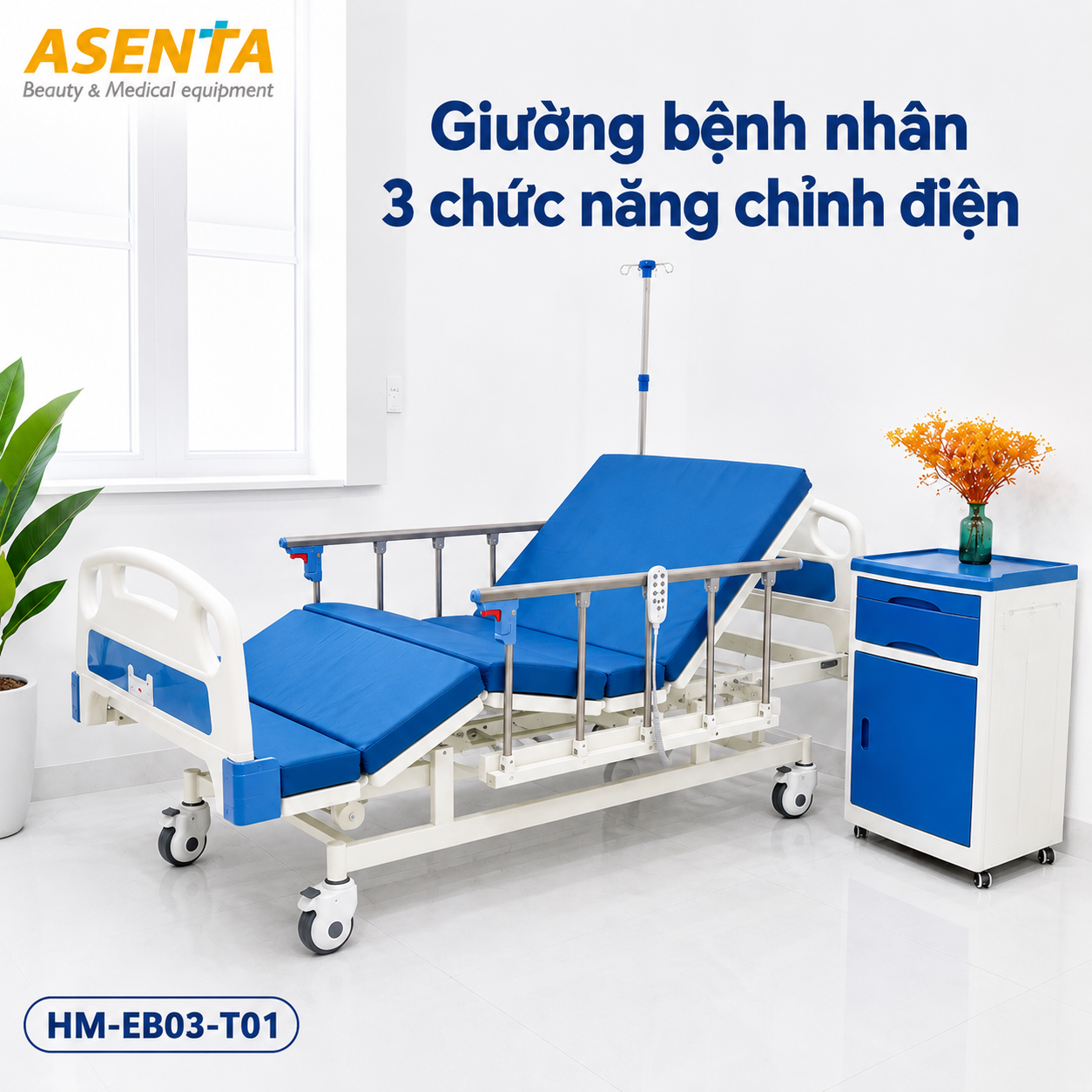 Giường bệnh nhân 3 chức năng chỉnh điện HM-EB03-T01 chính hãng | Made in Viet Nam