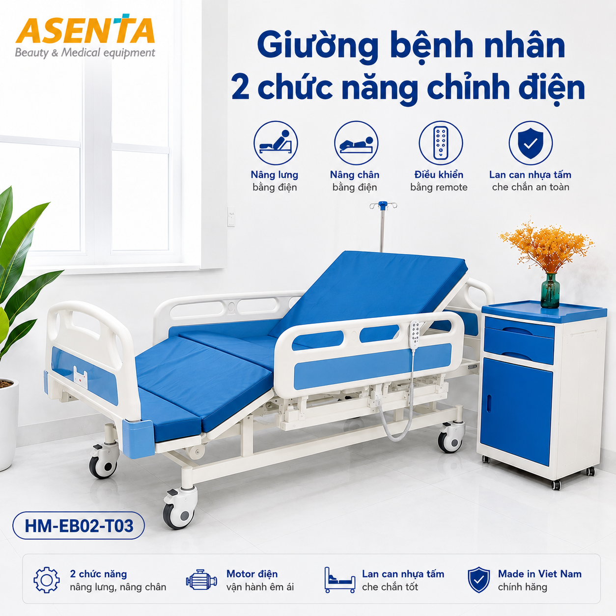 Giường bệnh nhân 2 chức năng chỉnh điện HM-EB02-T03 chính hãng | Made in Viet Nam