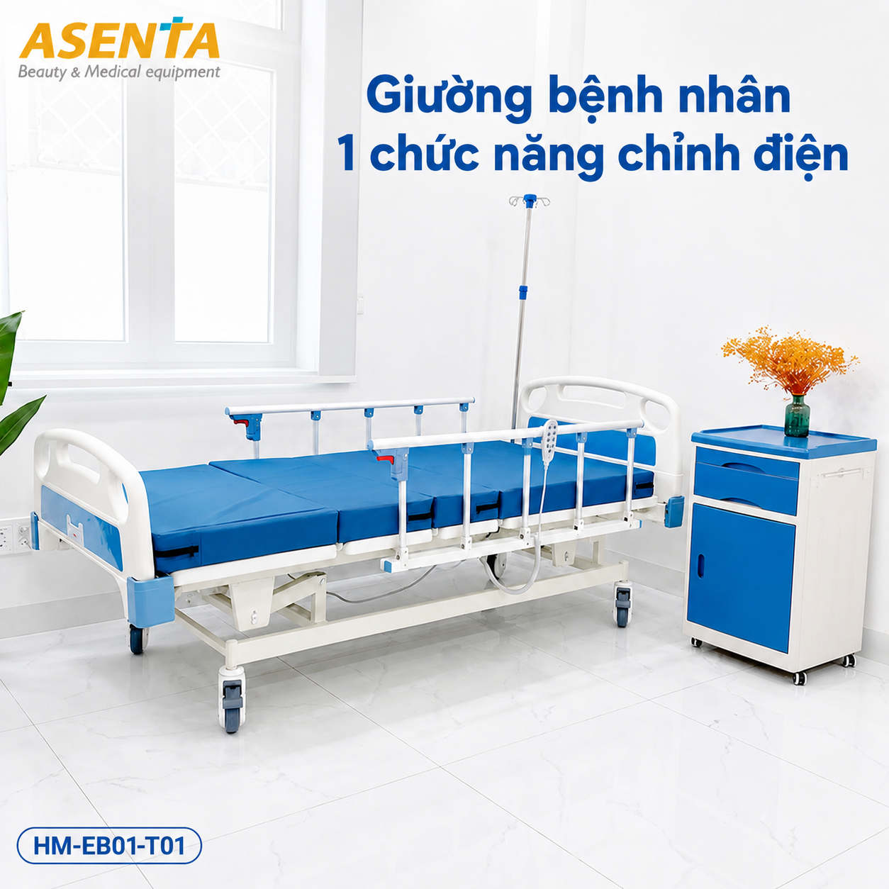 Giường bệnh nhân 1 chức năng chỉnh điện HM-EB01-T01 chính hãng | Made in Viet Nam