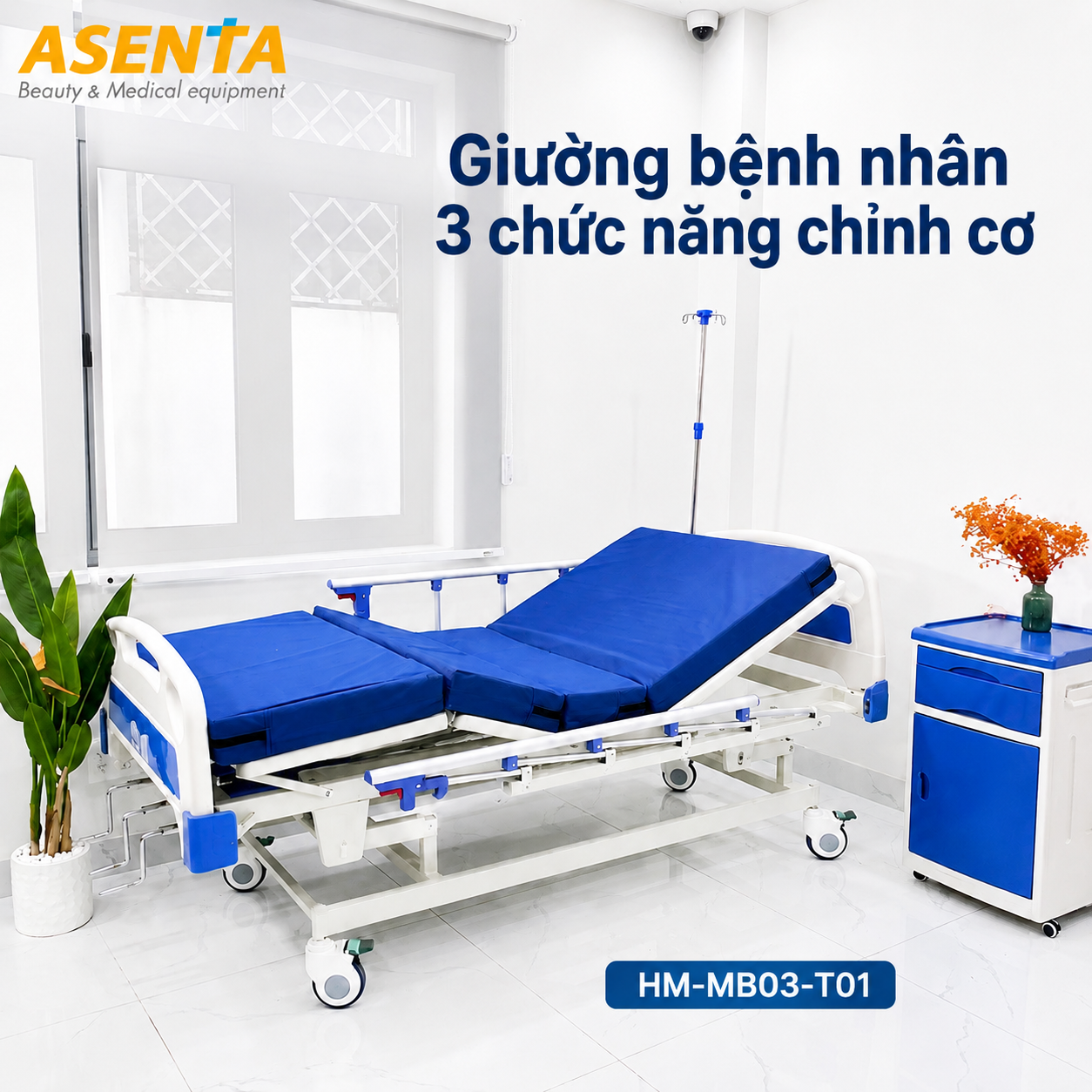 Giường bệnh nhân 3 chức năng chỉnh cơ HM-MB03-T01 chính hãng | Made in Viet Nam