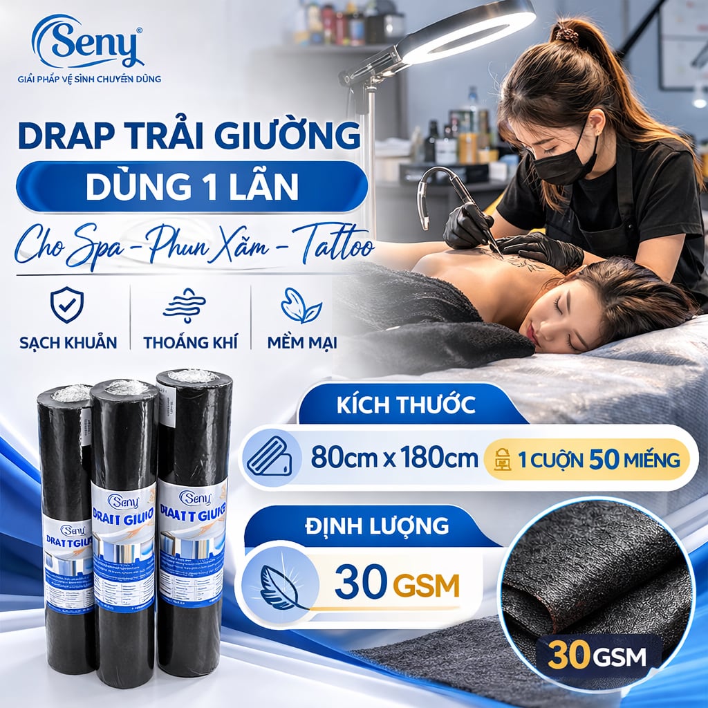 Ga trải giường phun xăm dùng 1 lần bằng vải không dệt Seny 80*180cm 30gsm