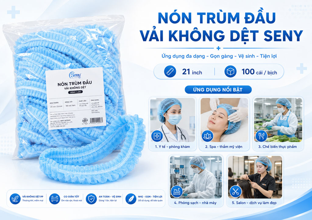 Nón trùm đầu vải không dệt Seny 100 cái