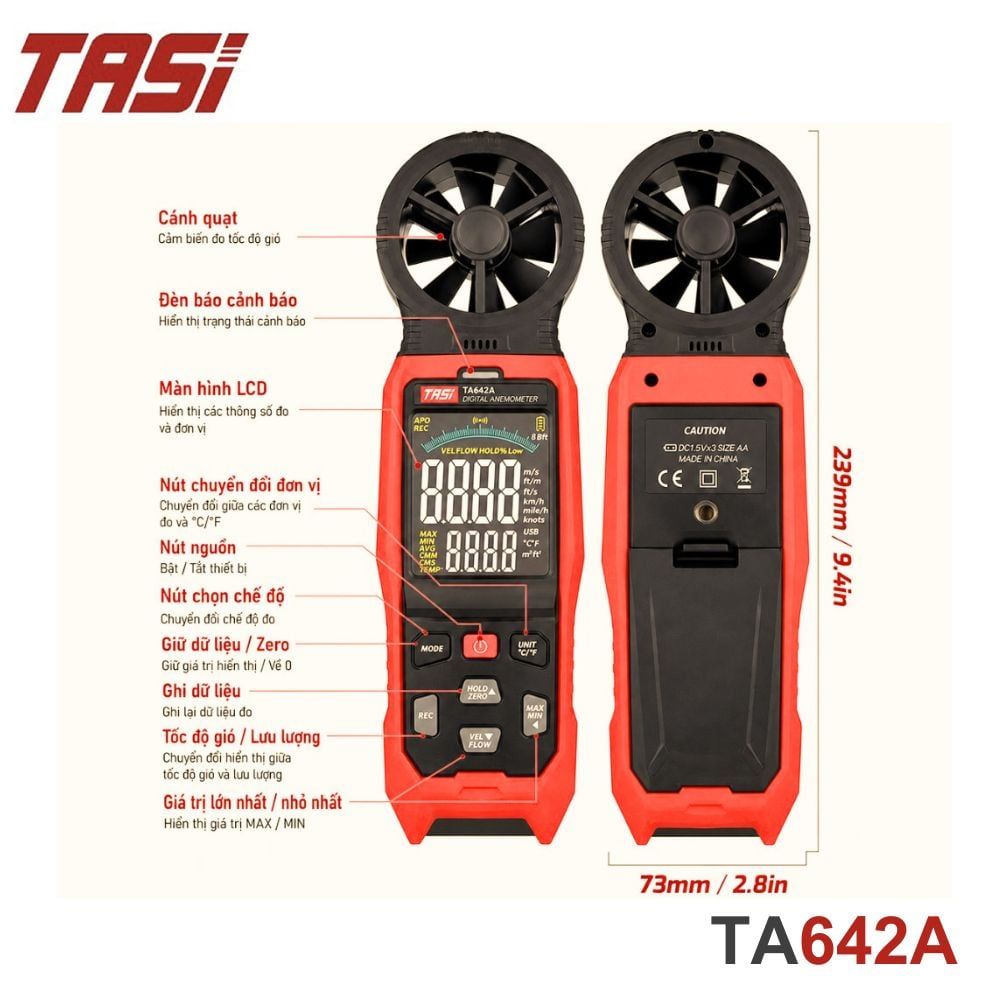 Máy đo gió cánh quạt TASI TA642A 3 trong 1