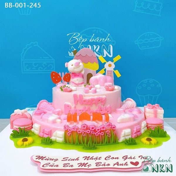  Bánh Sinh Nhật 2 Tầng Bé Heo Hồng Và Ngôi Nhà Cối Xay Gió (BB-001-245) 