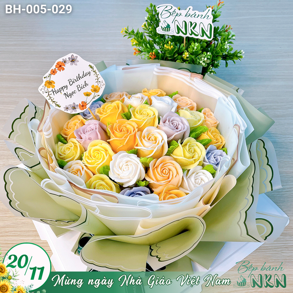  Bánh Bó Hoa Hồng Búp Tone Vàng - Tím Pastel (BH-005-029) 