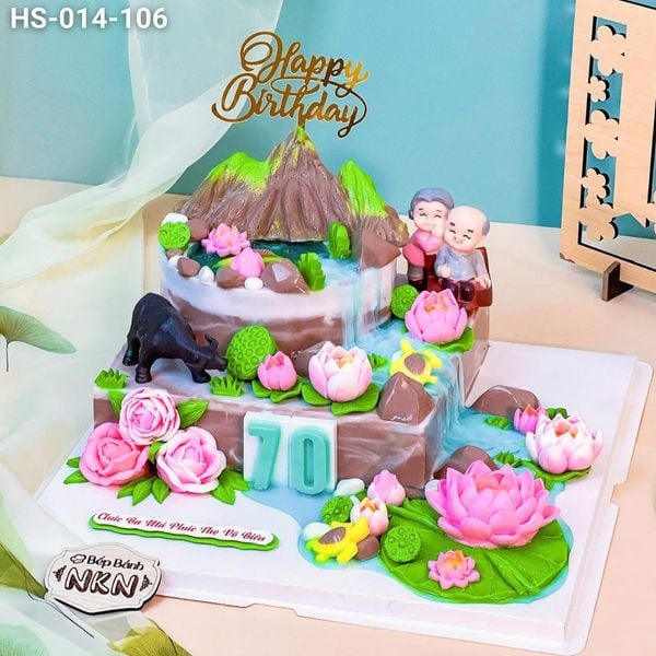  Bánh Kỷ Niệm Hồ Sen Cá Lội 2 Tầng Tặng Ông Bà (HS-014-106) 