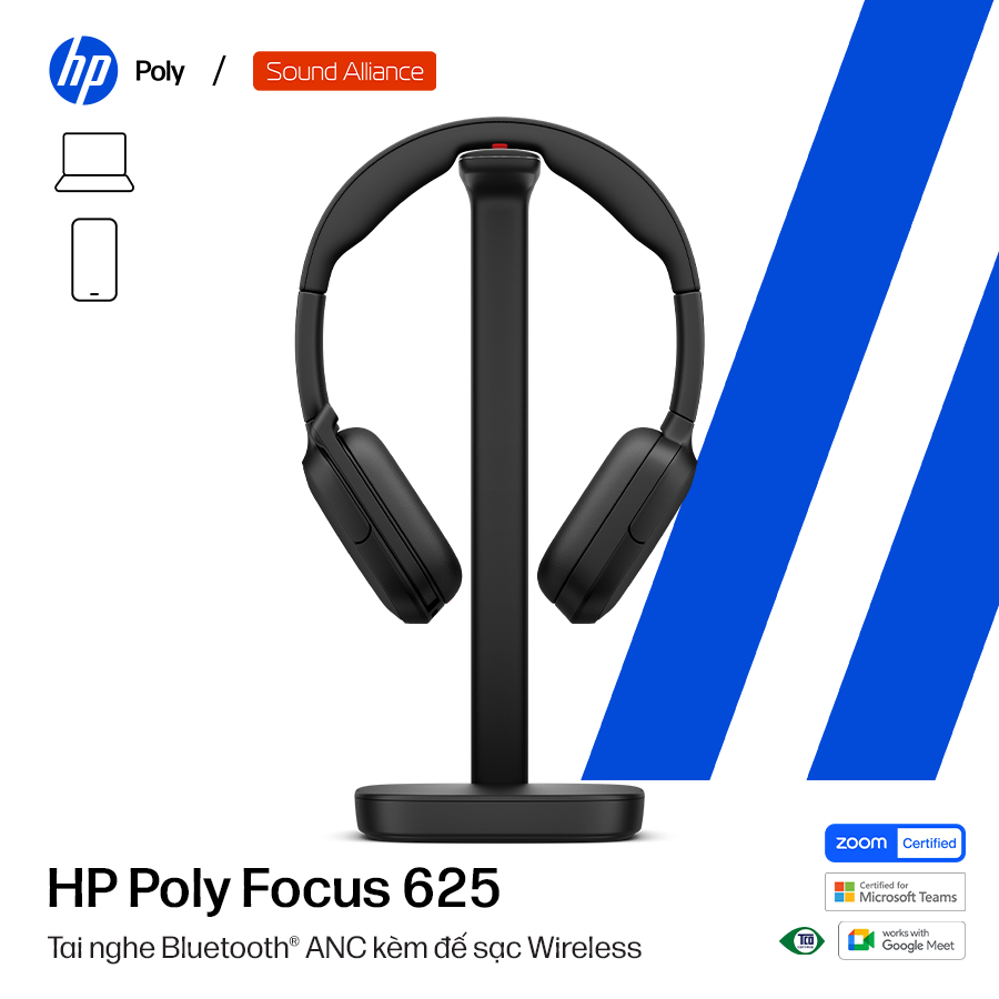  Tai nghe ANC Bluetooth cao cấp HP Poly Focus 625 & đế sạc (C56XXAA) 