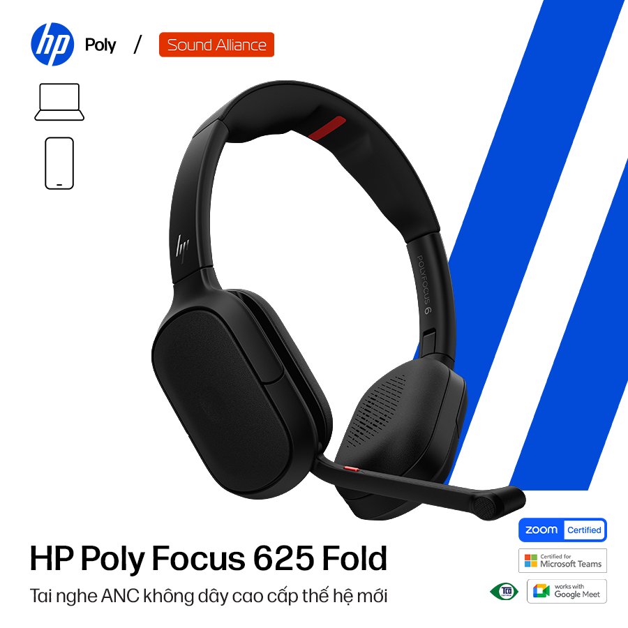  Tai nghe ANC Bluetooth cao cấp HP Poly Focus 625 Fold & đế sạc C56XZAA 