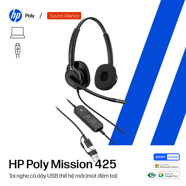  Tai nghe có dây USB hai bên tai HP Poly Mission 425 (C01B3AA) 