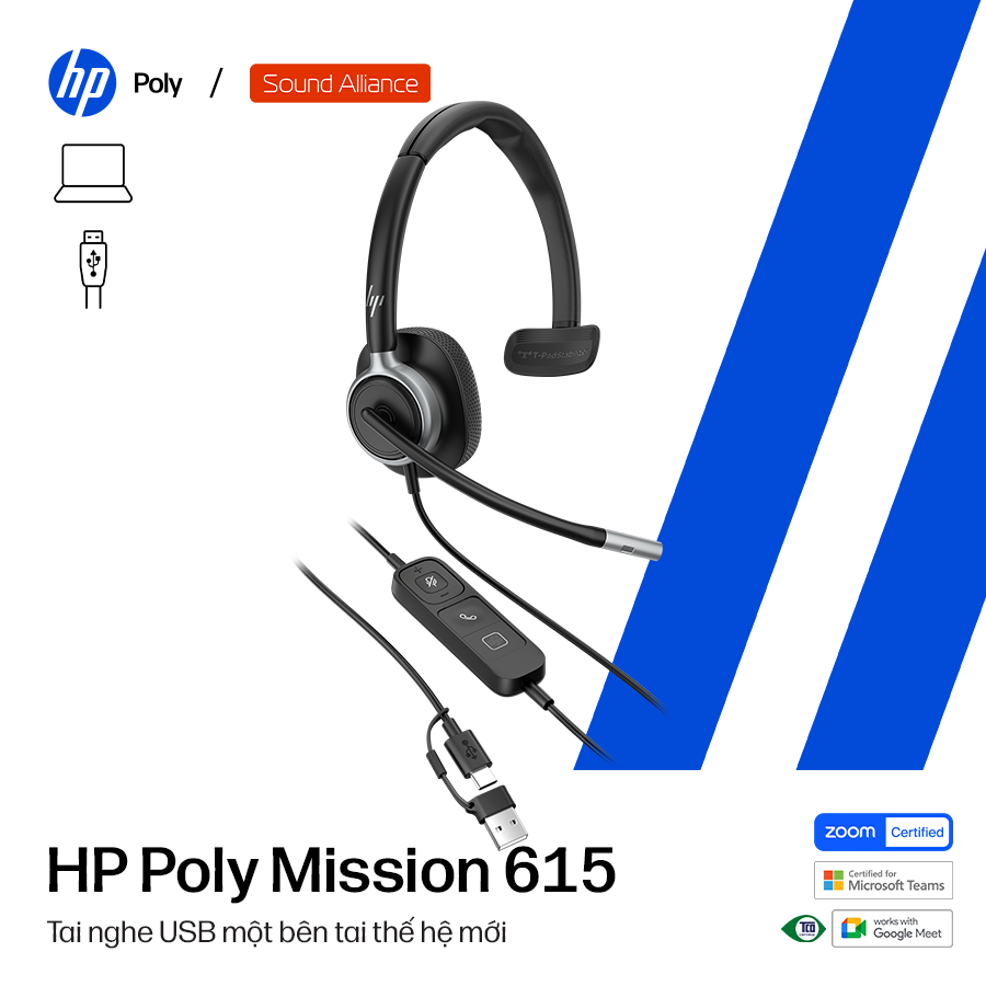  Tai nghe có dây USB một bên tai HP Poly Mission 615 (C01C3A6) 