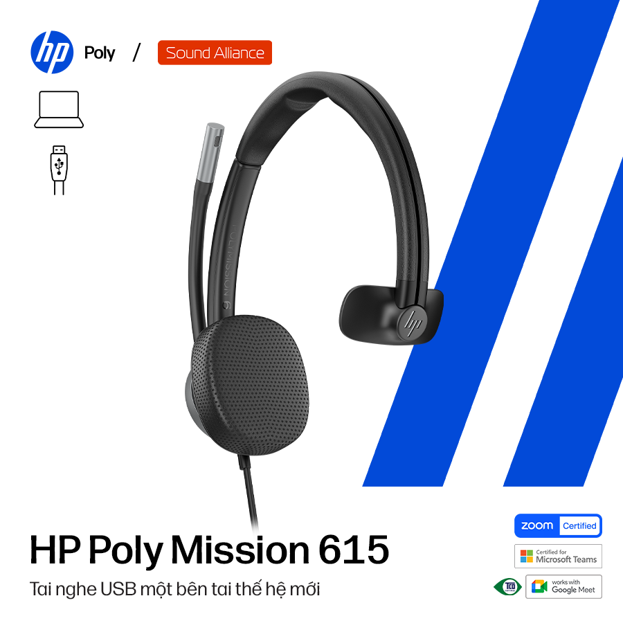  Tai nghe có dây USB một bên tai HP Poly Mission 615 (C01C3A6) 