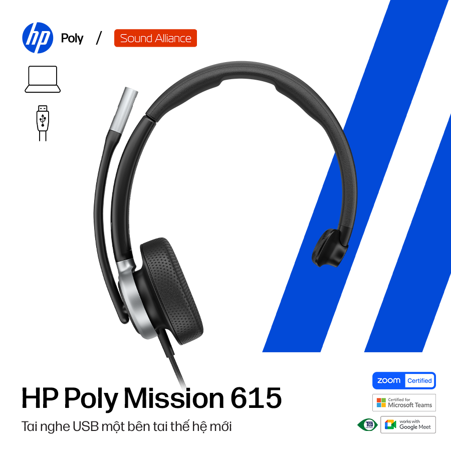  Tai nghe có dây USB một bên tai HP Poly Mission 615 (C01C3A6) 