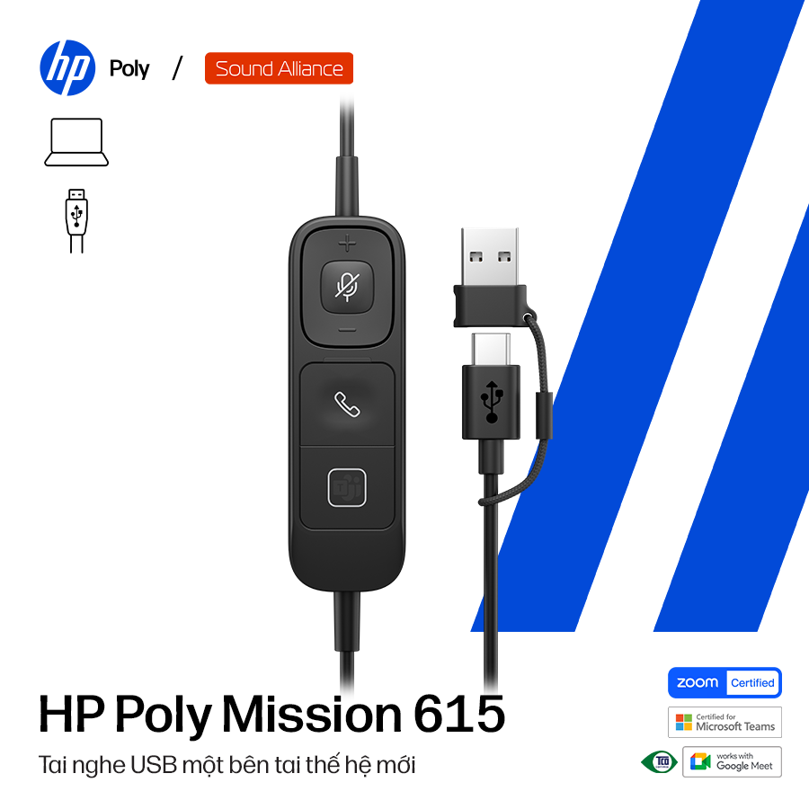  Tai nghe có dây USB một bên tai HP Poly Mission 615 (C01C3AA) 
