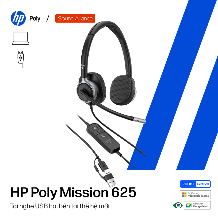  Tai nghe có dây USB hai bên tai HP Poly Mission 625 (C01C6AA) 