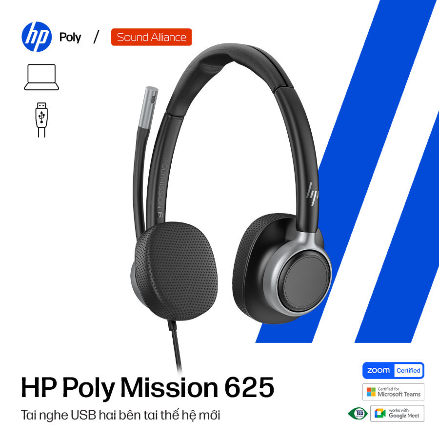  Tai nghe có dây USB hai bên tai HP Poly Mission 625 (C01C6AA) 