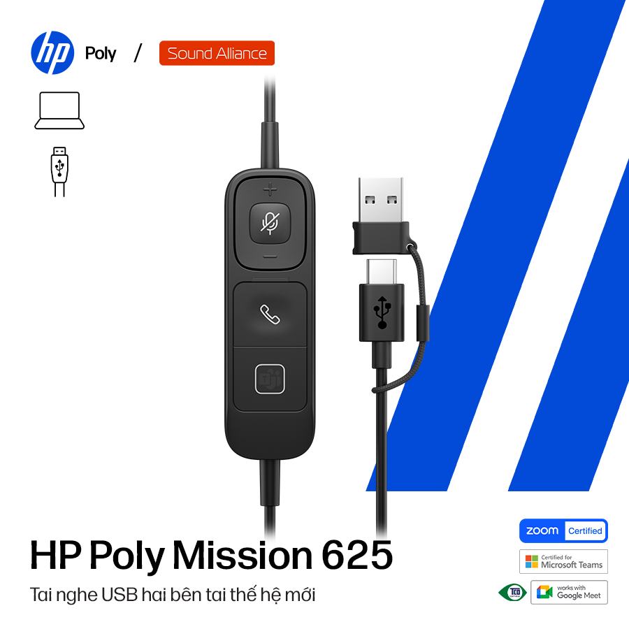  Tai nghe có dây USB hai bên tai HP Poly Mission 625 (C01C6A6) 