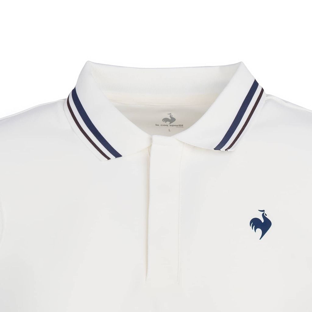 Áo polo le coq sportif nam trắng phối viền kẻ tinh tế, logo thêu ngực