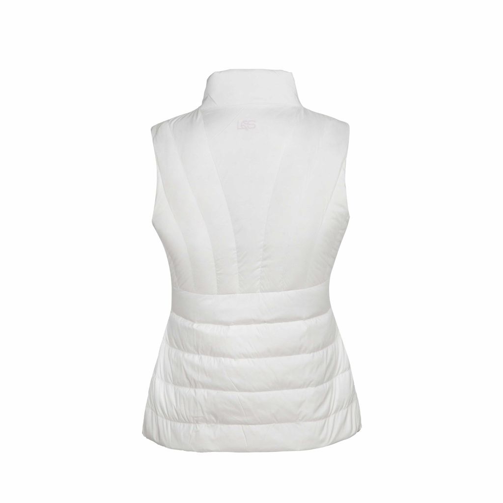 Gile nữ Le Coq Sportif, chần bông chữ V, vải co giãn hai bên, thoải mái vận động.